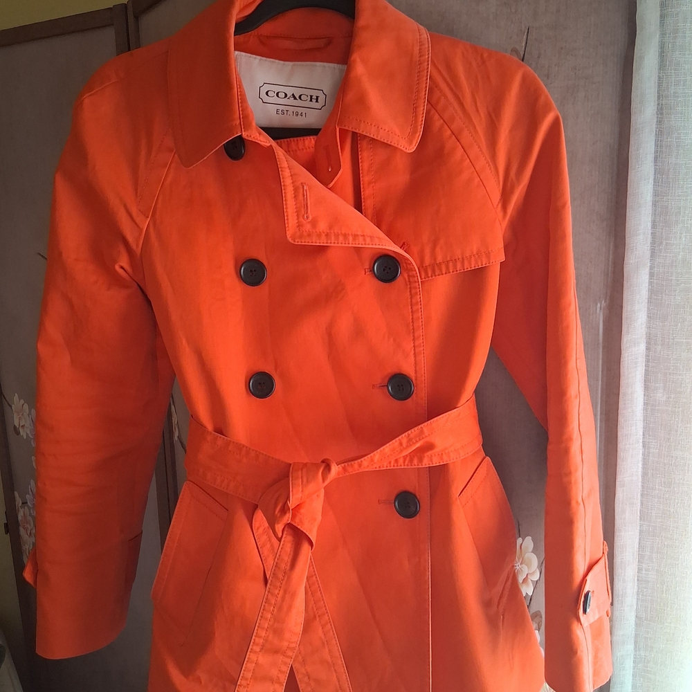 Coach Women's Orange Double-Breasted Trench Coat